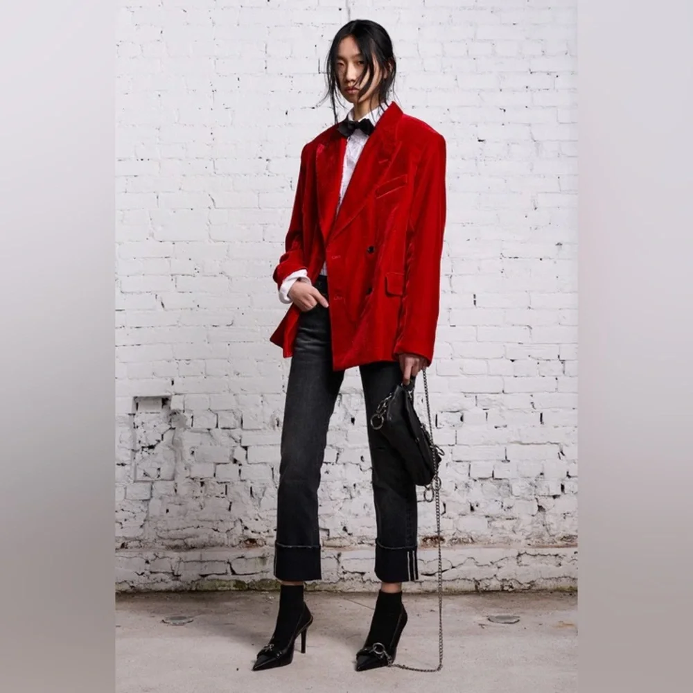 R13 DB Peak Lapel Ragged Blazer, Red Velvet - Picture 9 of 17